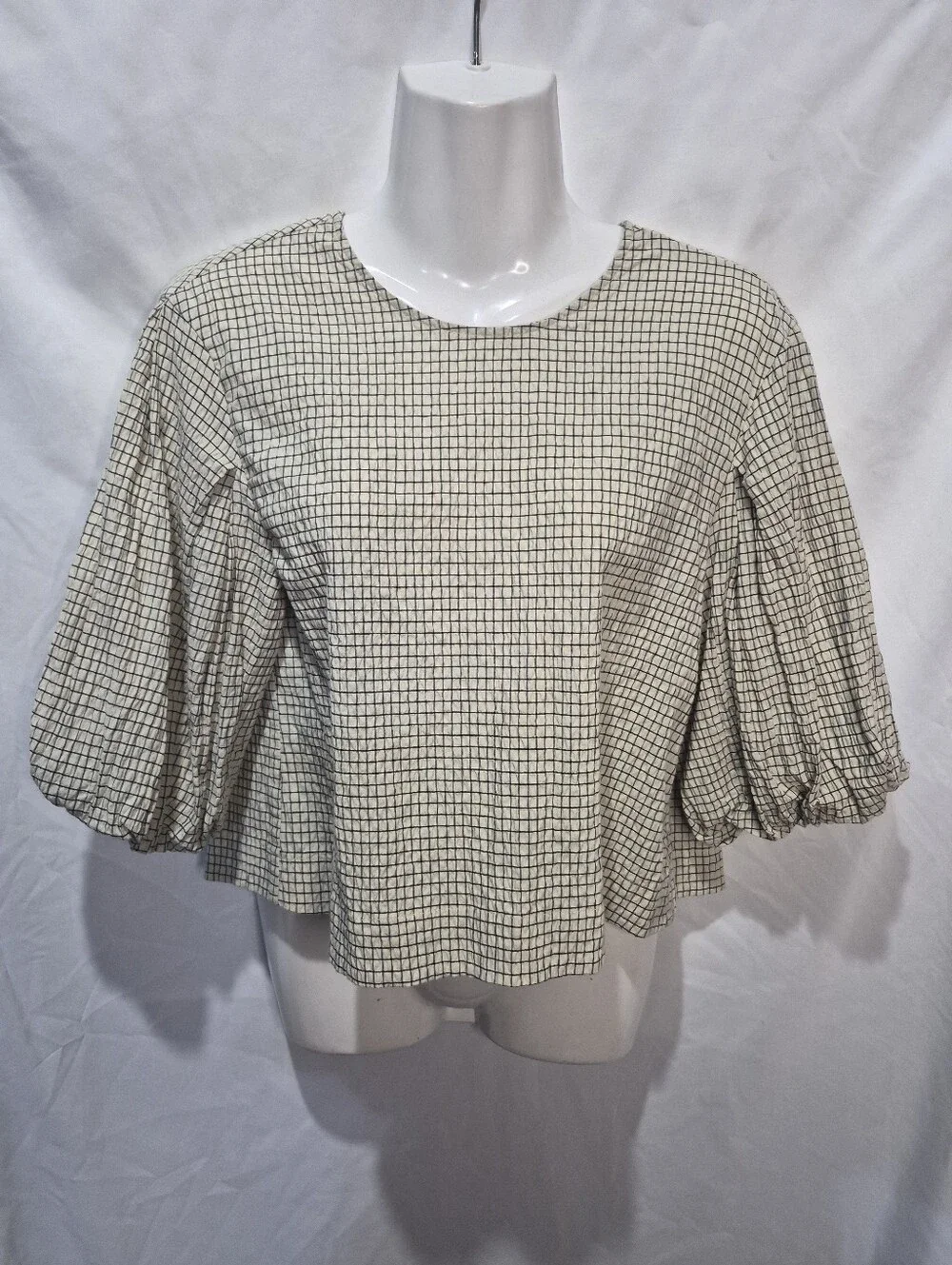 Zara Textured Windowpane Balloon Sleeve Open Back Blouse Cream Black